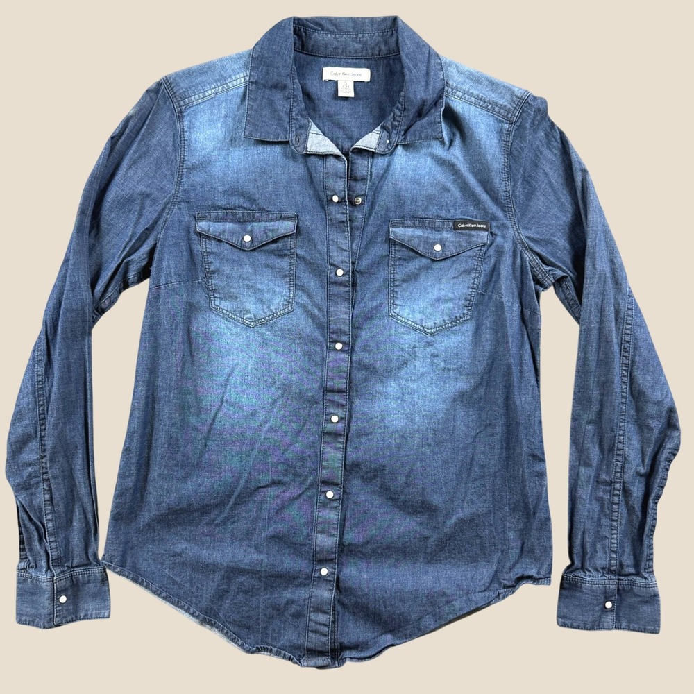 Calvin Klein Jeans Denim Shirt Women S Blue Western Snap Button Down Casual Top
